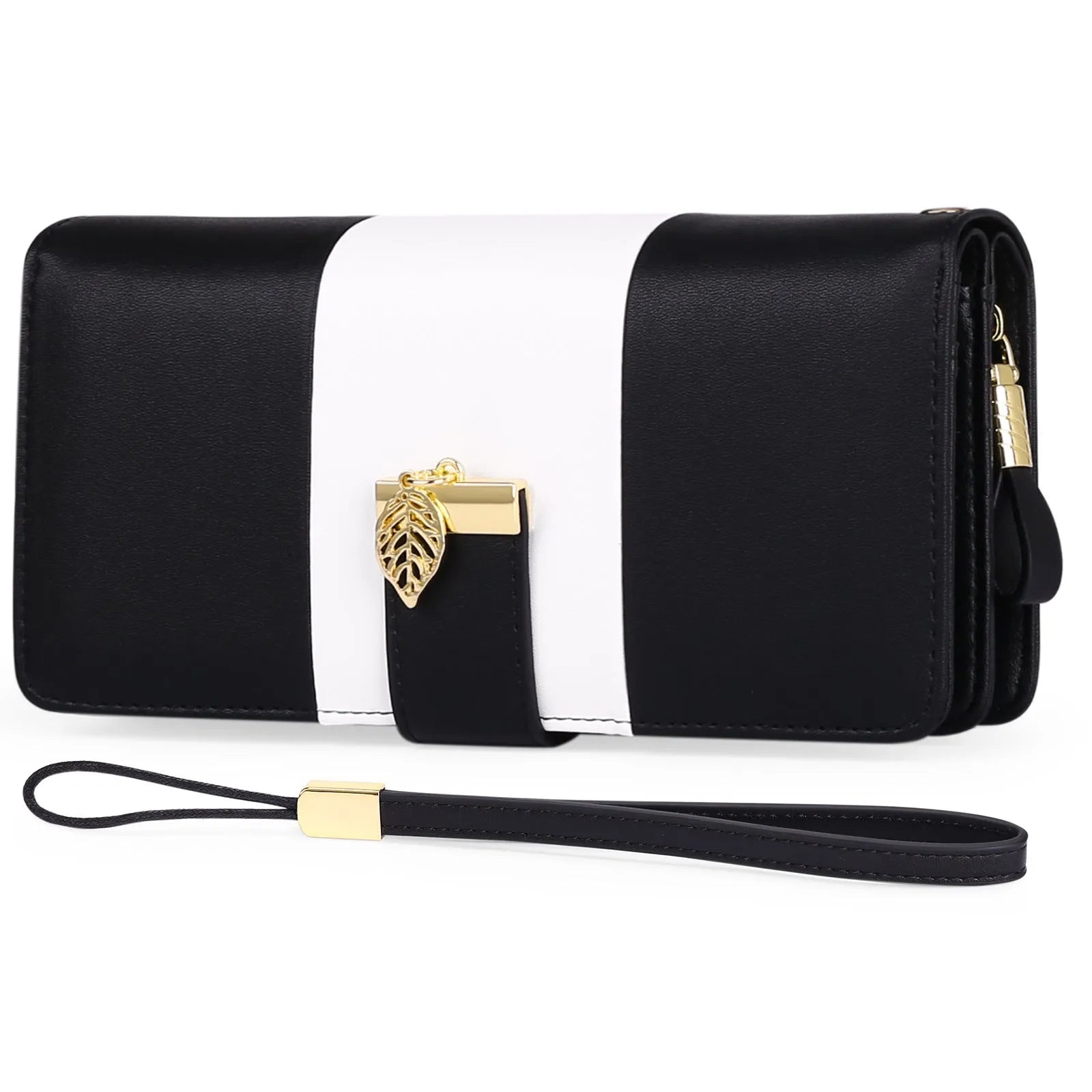 Anti theft clutch wallet with lock showing RFID blocking and PU leather construction in midnight black colour