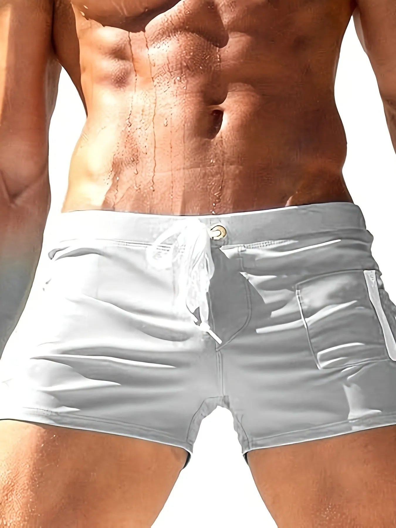 Men's black high waist swimming trunks with lace-up front closure, polyester fabric with spandex lining