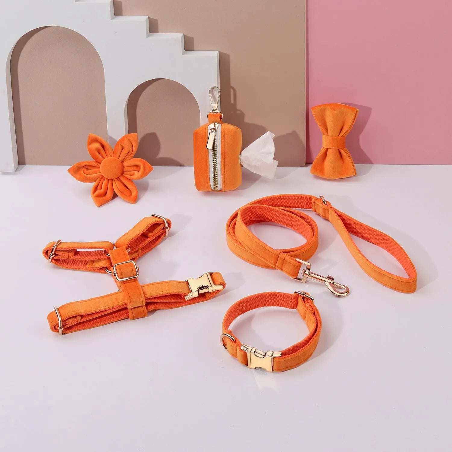 Classic velvet dog collar and matching lead set with chest strap, bow tie, and flower accessory in assorted colours.