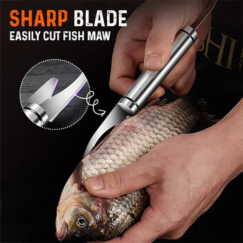 Multifunctional stainless steel shrimp remover with eagle-beak design and double row of blades on a clean surface