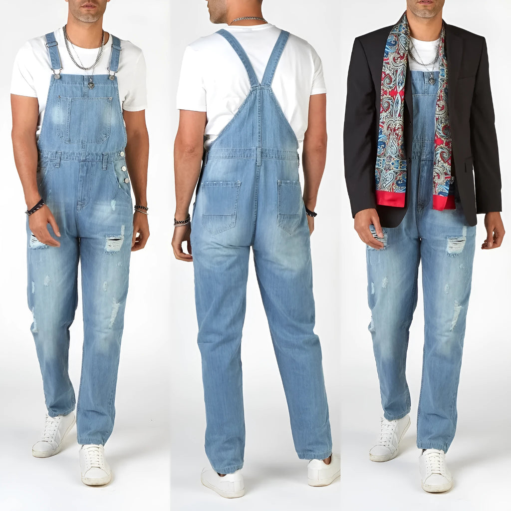 Light blue ripped suspender pants men's jeans with high waist and straight leg design