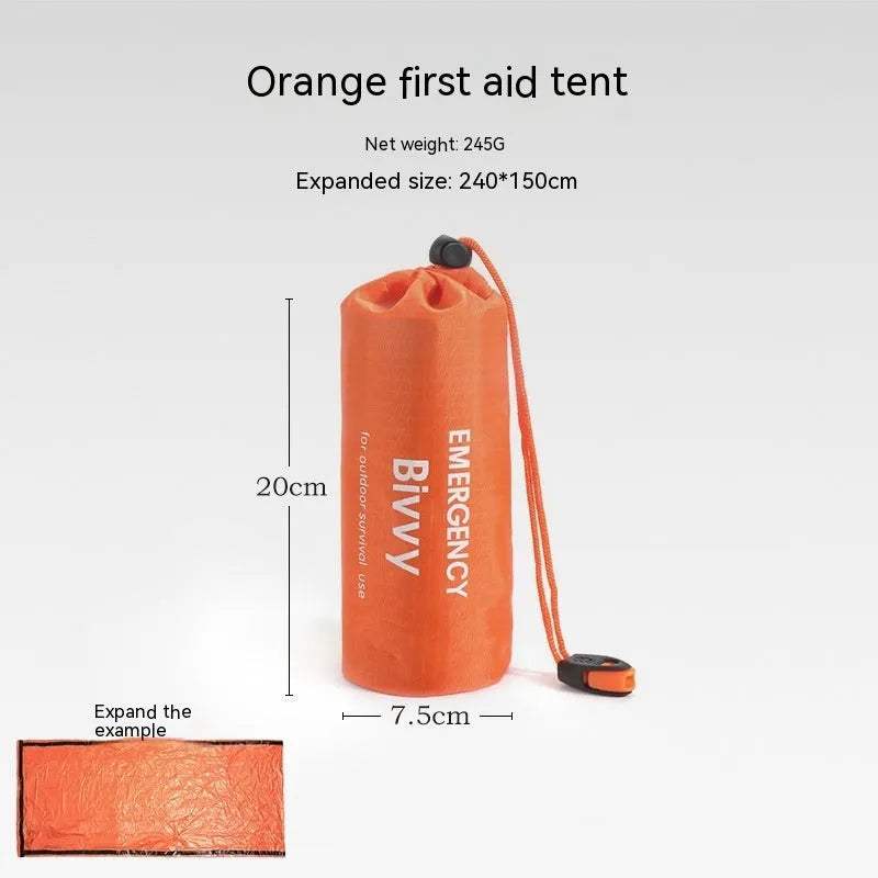 Emergency disaster relief tent kit with sleeping bag and raincoat in orange and green colours