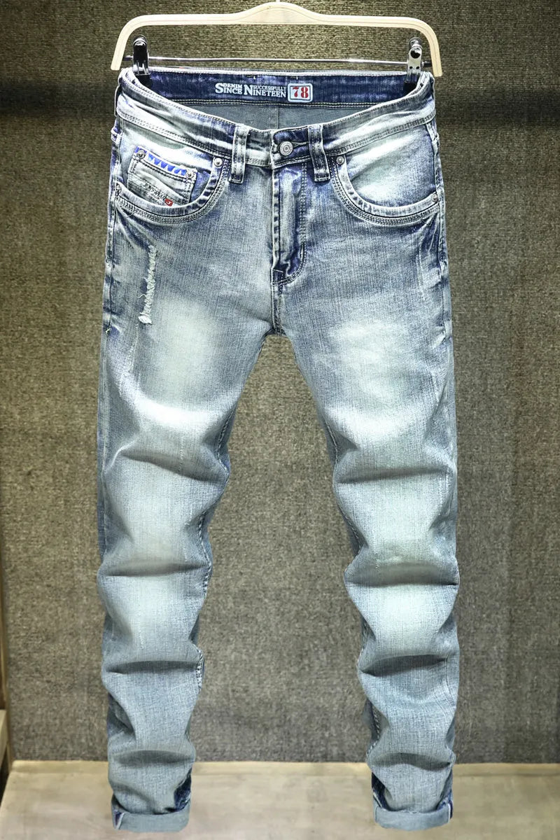 Men's light blue cotton ripped straight-leg jeans with a casual leisure style