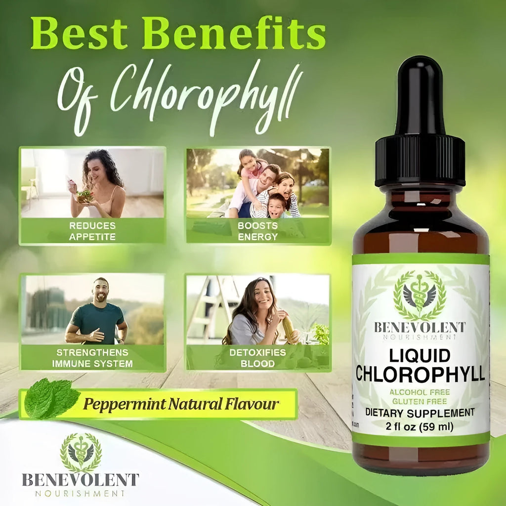 60ml bottle of natural liquid chlorophyll drops for adults with integrated dropper.