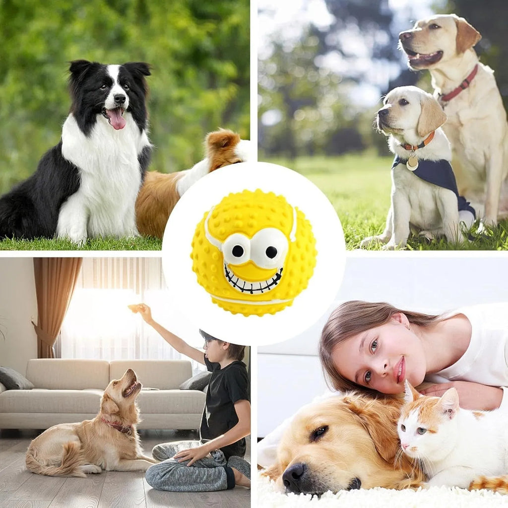 Smile face dog latex ball in green, orange, and yellow – squeaky bouncy toy for small dogs and cats