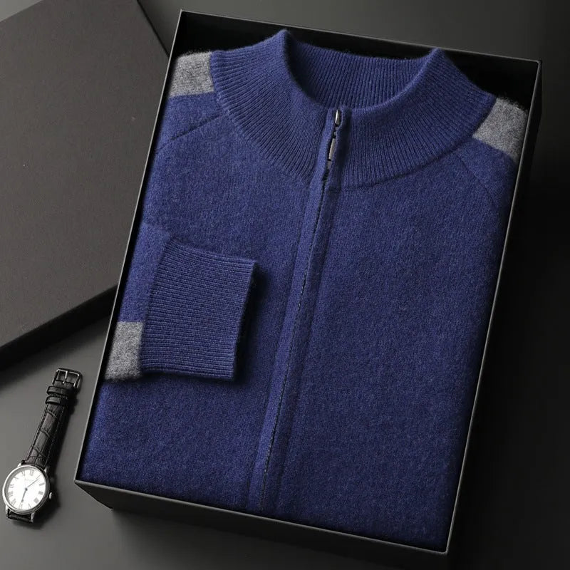 Men's navy blue cashmere wool blend half-turtleneck zipper cardigan and trousers winter suit set