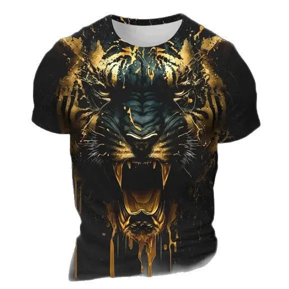 Men's 3D tiger pattern T-shirt in polyester with short sleeves showing digital printing detail