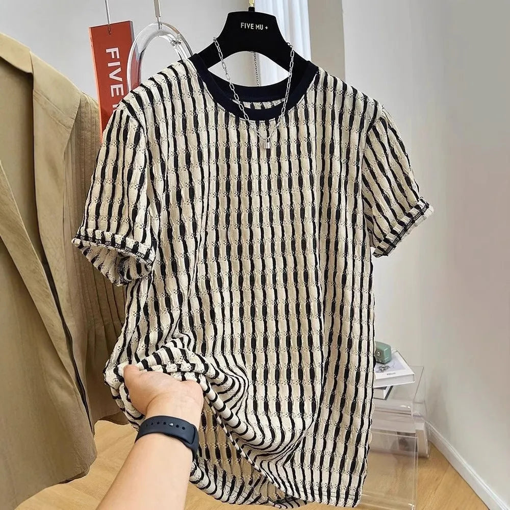 Black striped men's casual loose fit pullover shirt with short sleeves