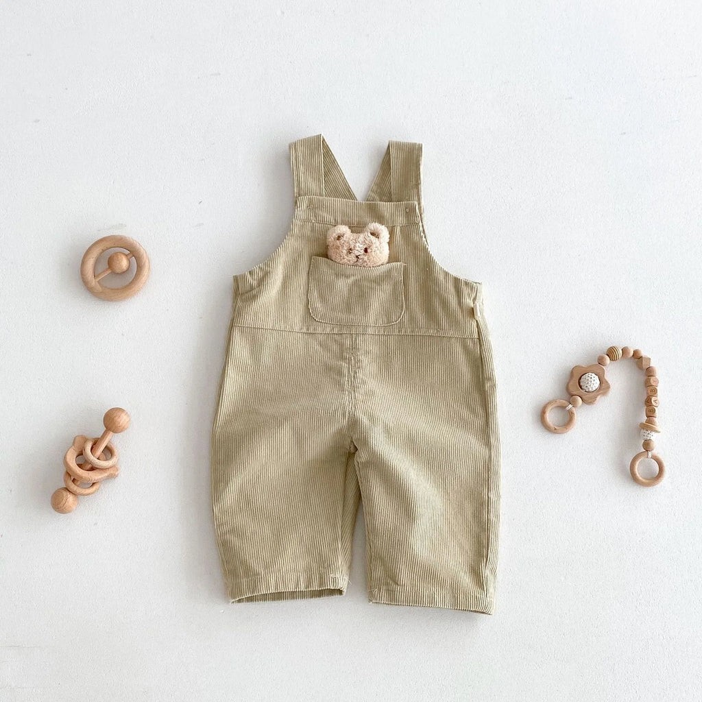 Boys' corduroy cotton bear suspender overalls in apricot solid colour spring autumn wear