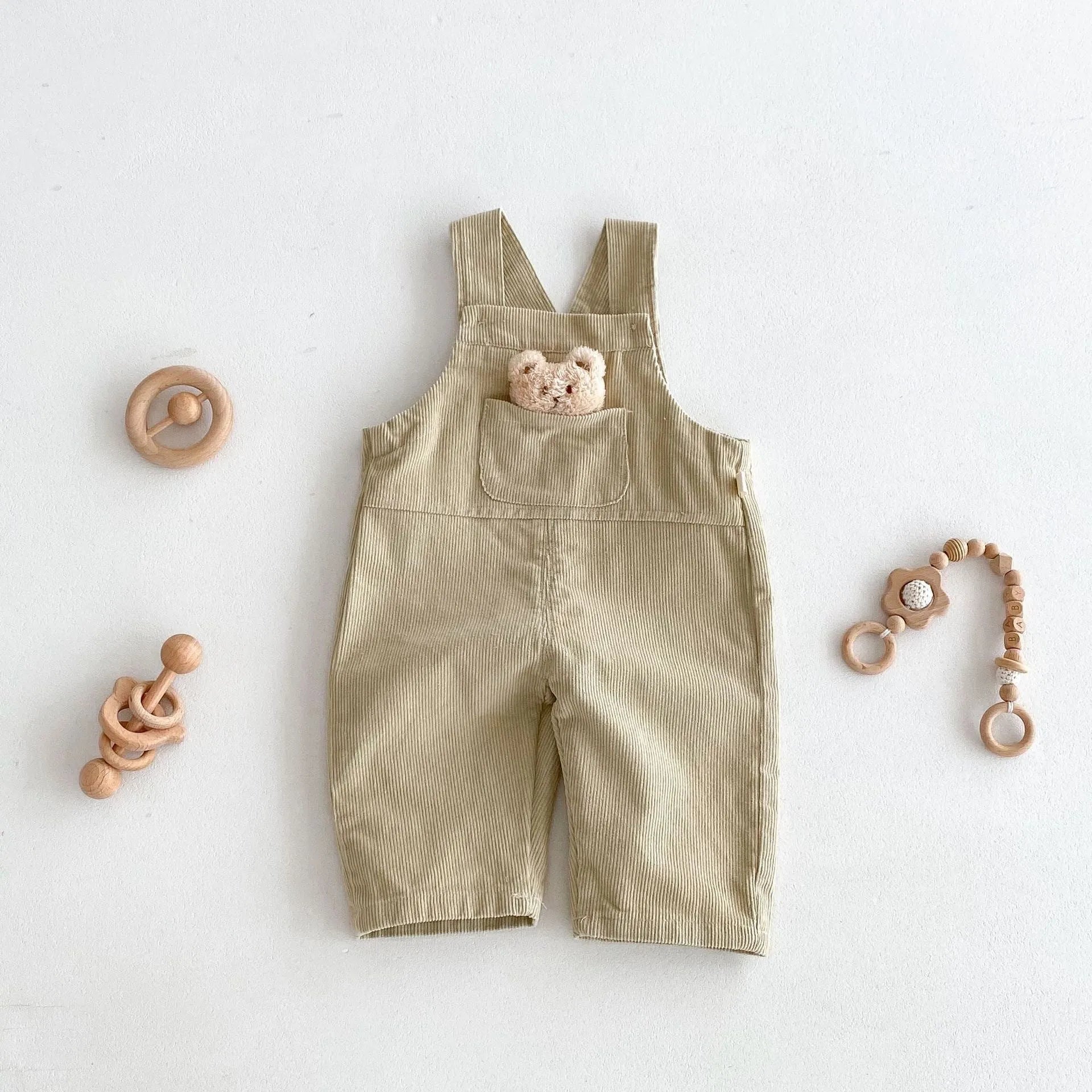 Boys' corduroy cotton bear suspender overalls in apricot solid colour spring autumn wear