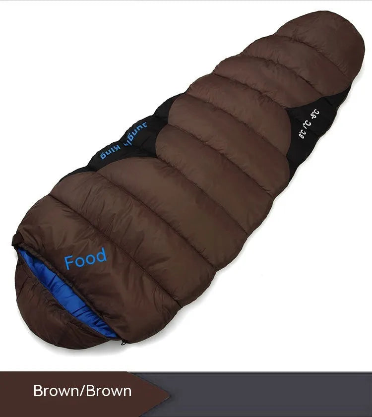 Mummy sleeping bag compressed in storage bag with colour options including army green, brown, red, and yellow