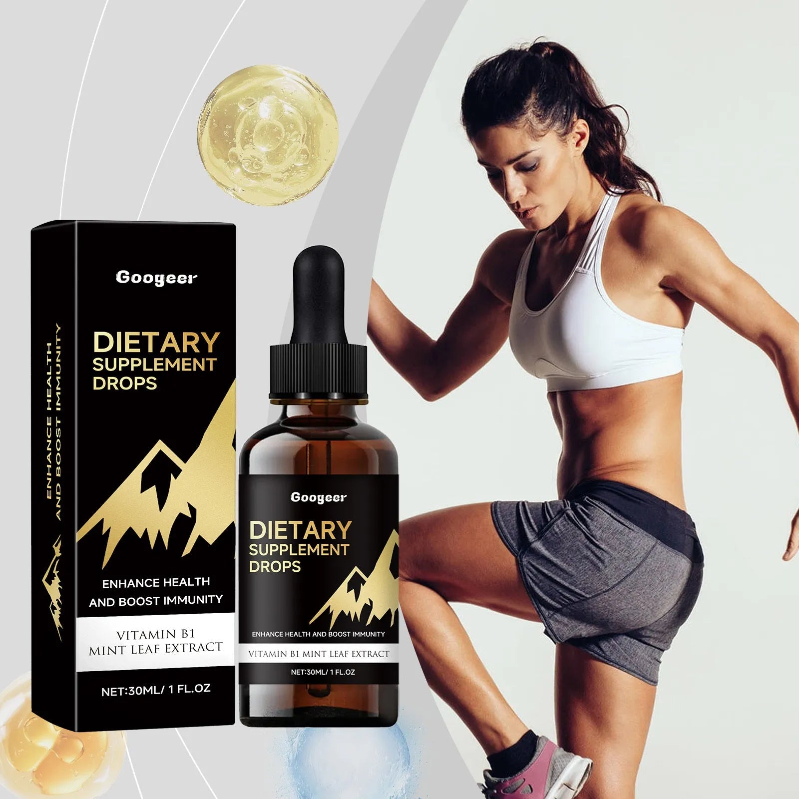 30ml amber glass bottle of Liquidex dietary supplement drops with a calibrated dropper on a white background.