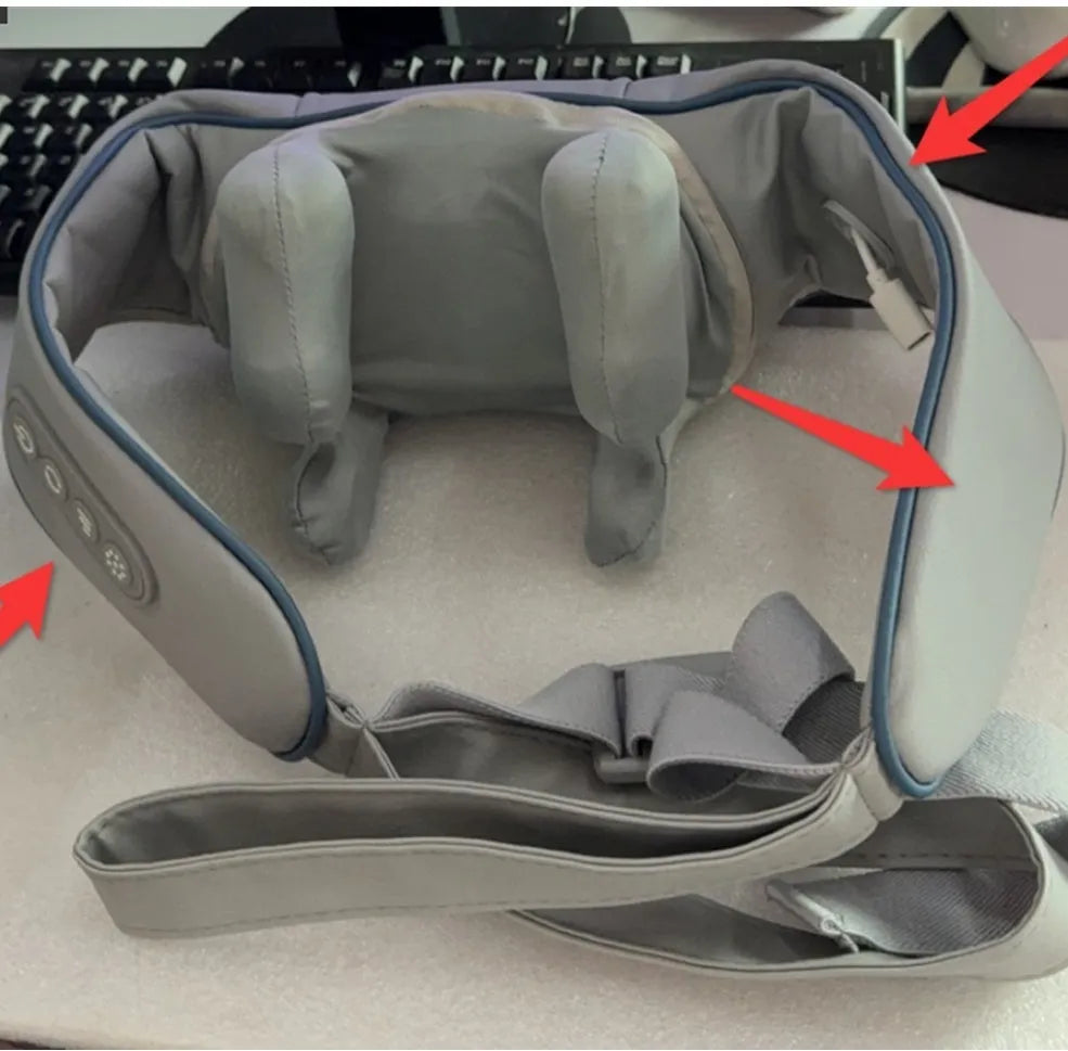 Grey elastic fabric USB-powered neck and back massager with infrared physiotherapy function