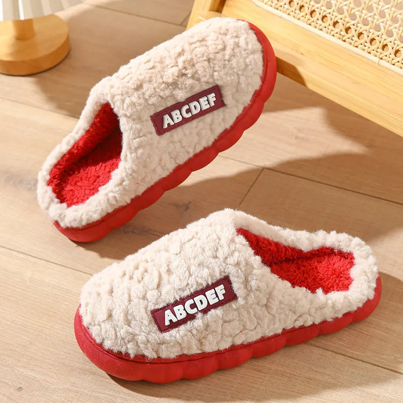 New Letter indoor non-slip thick-soled fur slippers in beige, plush upper, round toe, PVC sole, flat heel