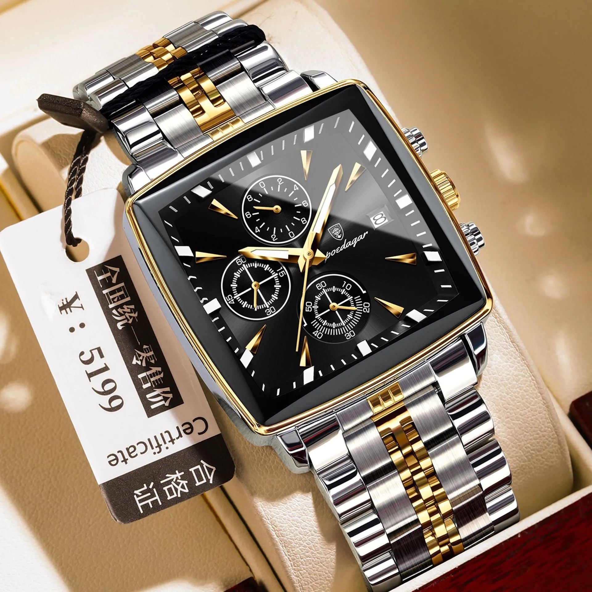 Men's square business watch with stainless steel strap and mineral glass on wrist