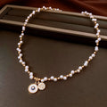Golden-white real gold electroplated necklace with round zircon pearl pendant on clavicle chain