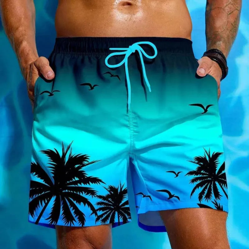 Men's loose board swimming trunks in an ethnic style, made from blue polyester fabric, shown on a size chart.