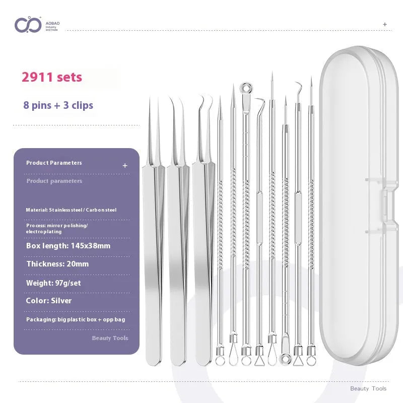 Four silver metal acne needles with fine pointed tips laid out on a flat surface.