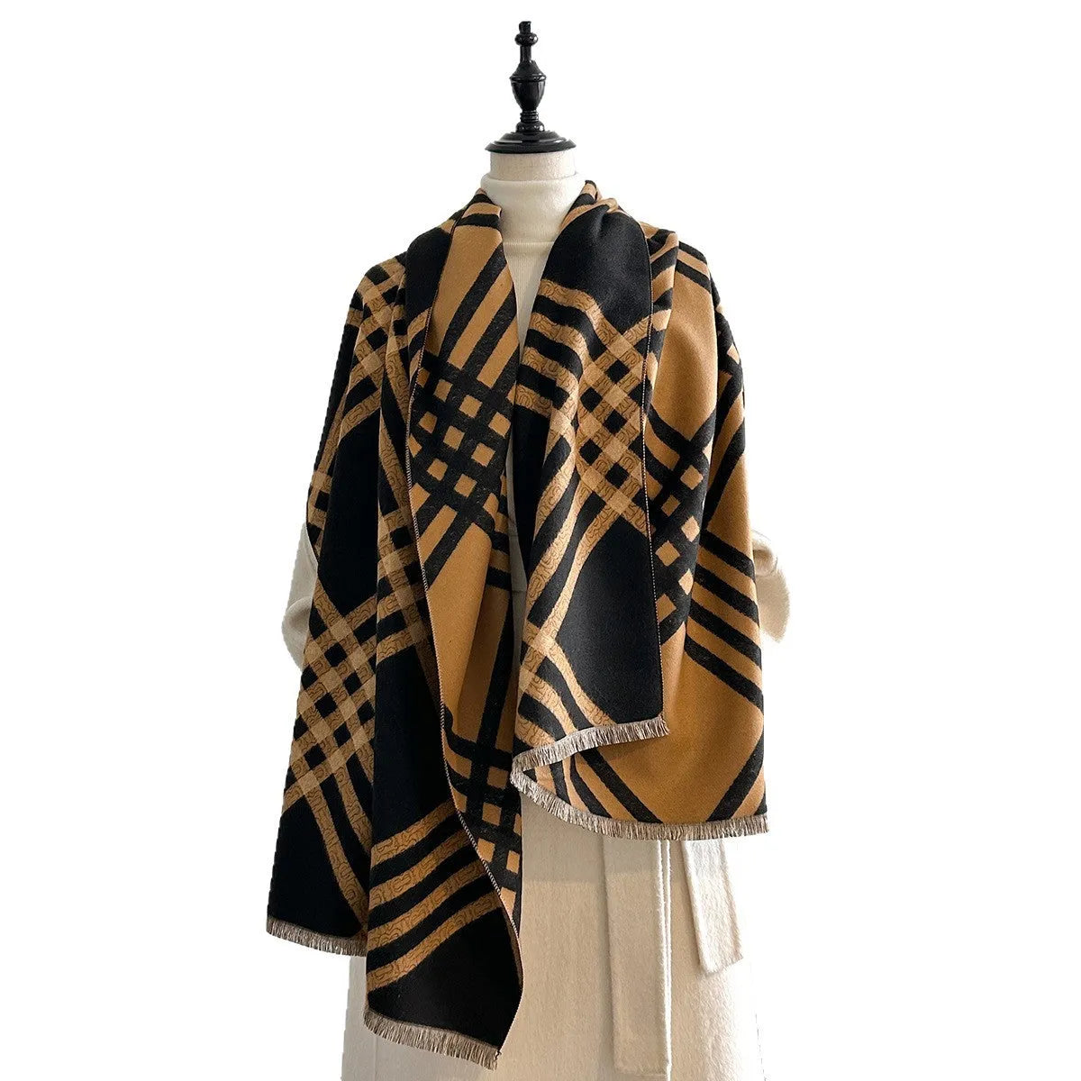 Mid-length cashmere-like scarf with tassels in brown colour showing 185cm length
