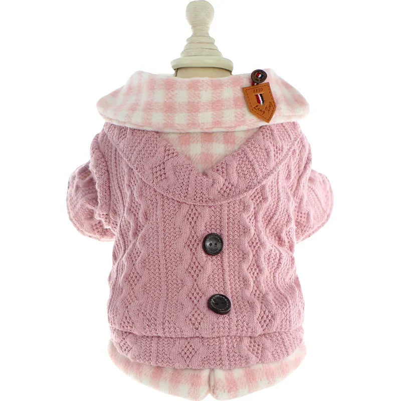 Blue plaid pattern dog sweater with fake two-piece design and fleece lining