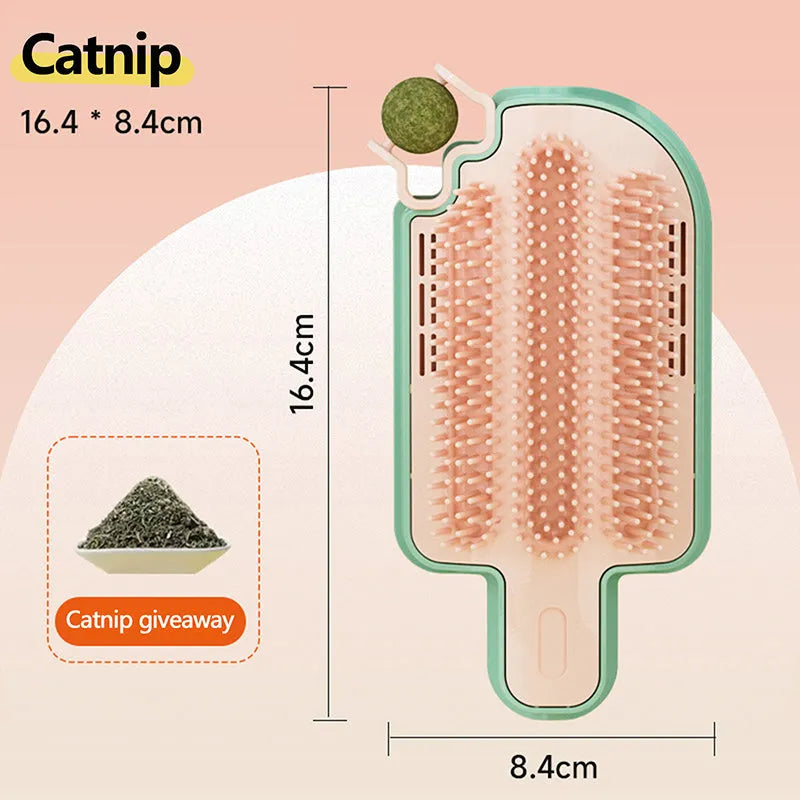 Ice cream cone shaped cat scratching toy with a blue feather and a green mint ball attached.