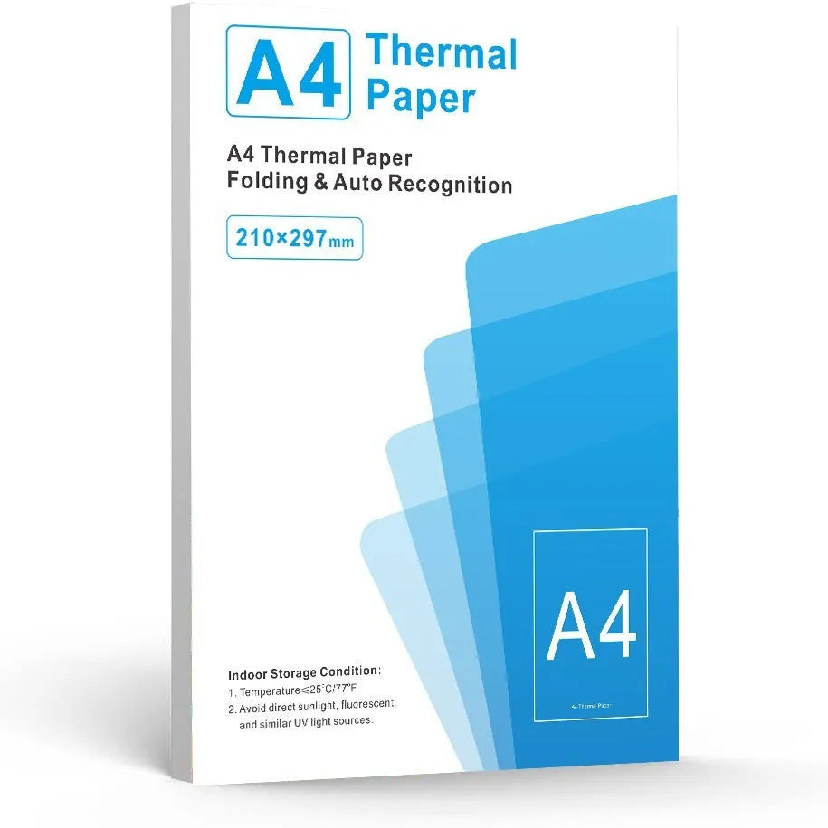 White A4 thermal paper for thermal printers in packaging showing paper size and sheet count
