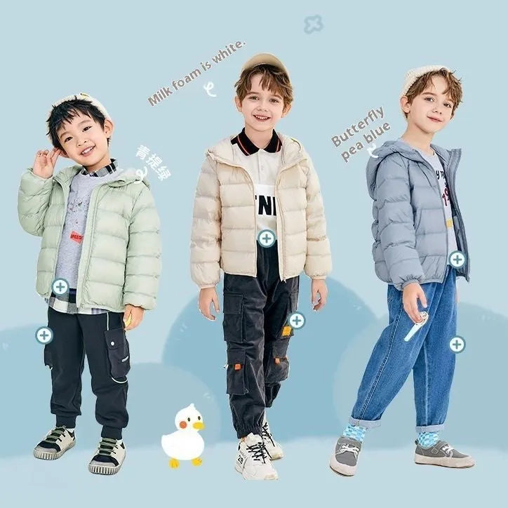 Children's nylon hooded down jacket in solid colour for boys and girls