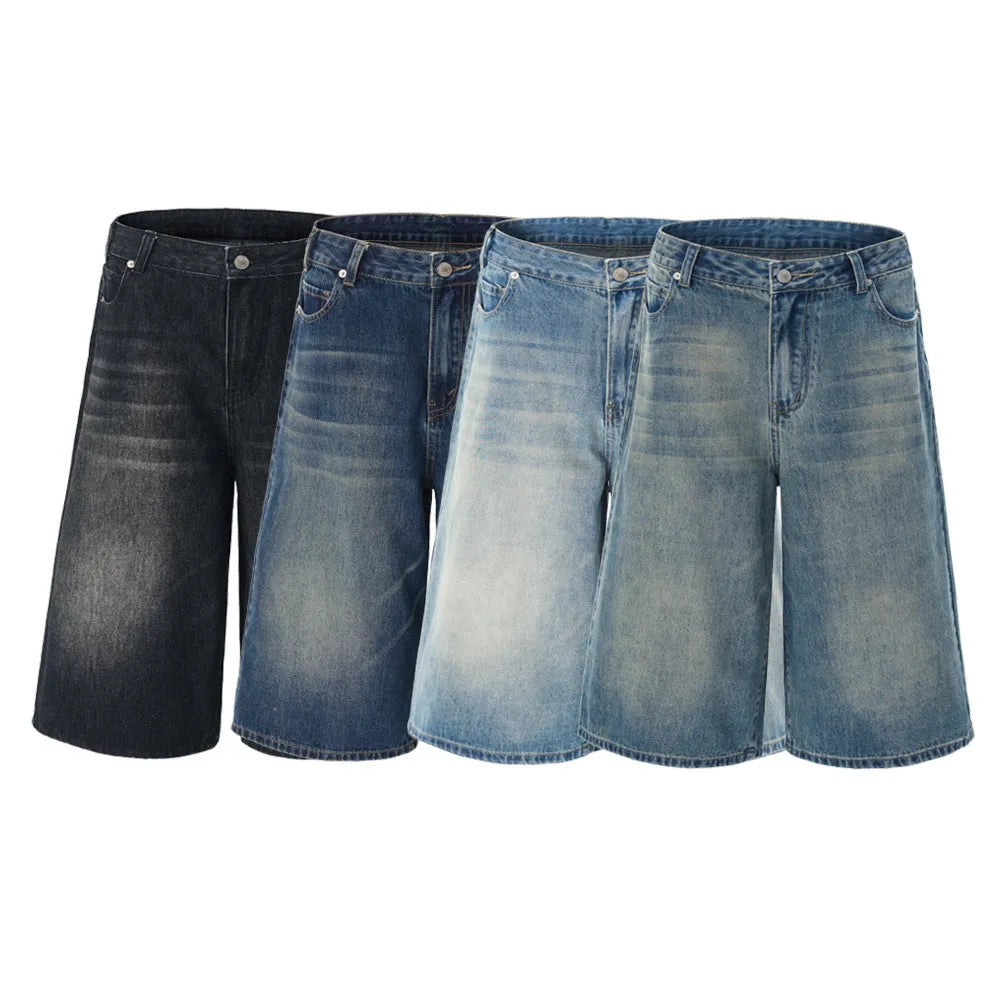 Men's straight leg cropped denim shorts in light blue, shown laid flat.