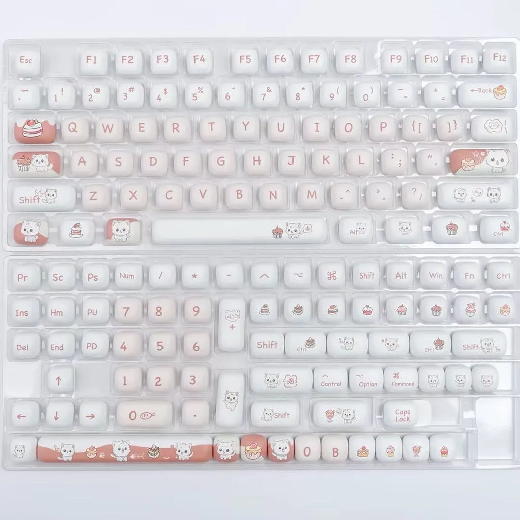 Dessert Cat MOG round sublimation key cap set for mechanical keyboards, shown in cartoon anime design.