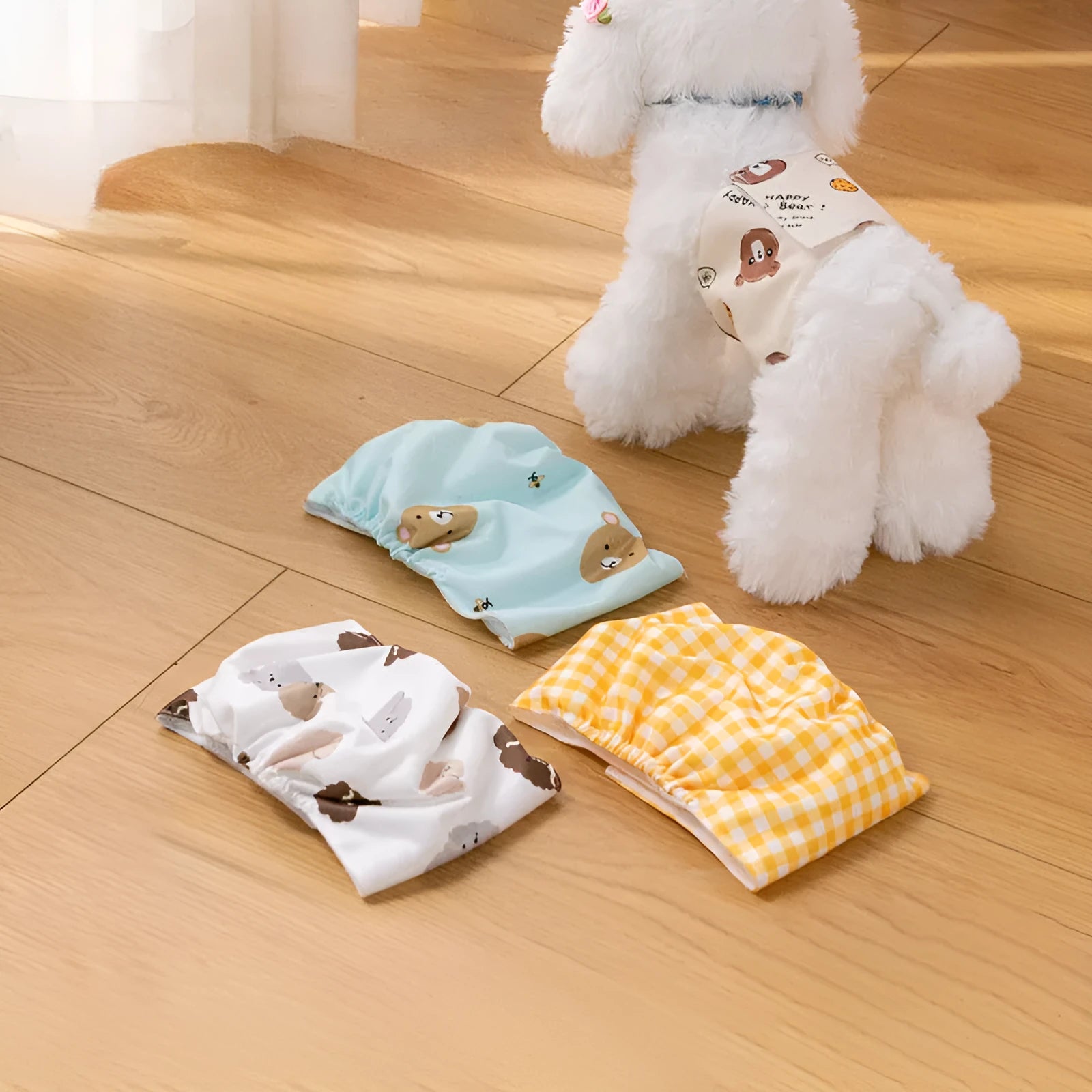 Reusable male dog diaper belly band with cartoon paw print design and elastic waistband