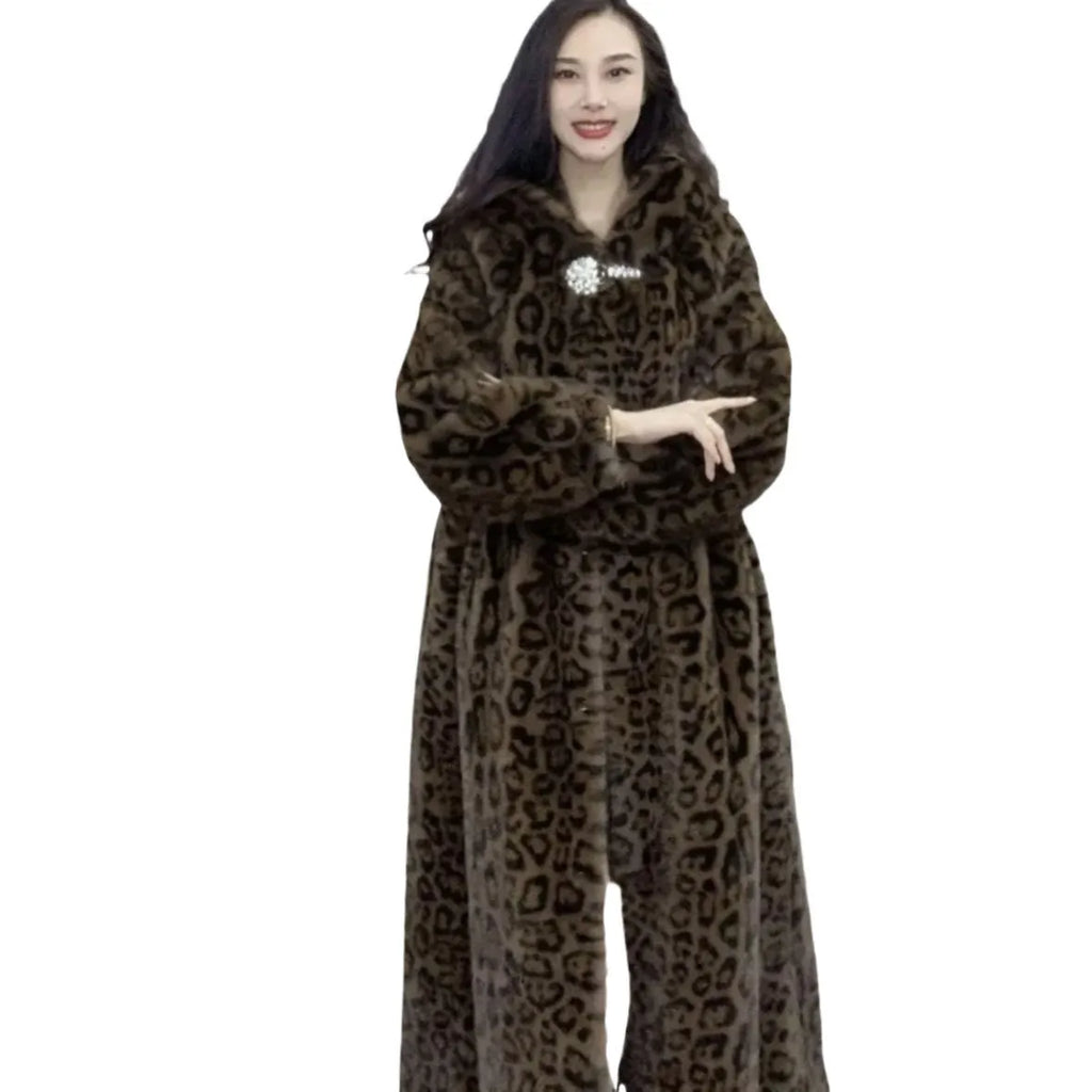 Brown leopard print plus size faux fur coat with extended length and regular sleeves
