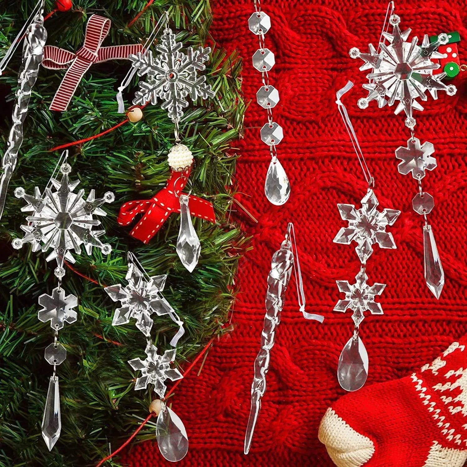 10pcs clear acrylic ice strip Christmas tree hanging pendants with ribbon for indoor outdoor decoration