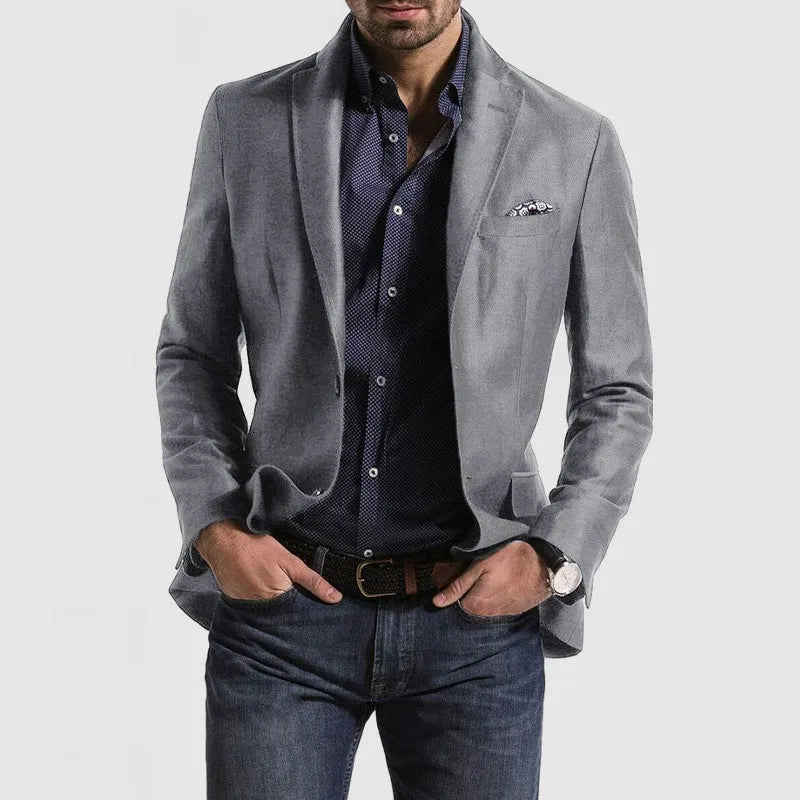Men's loose solid colour double button suit jacket in grey, front view, for casual leisure wear
