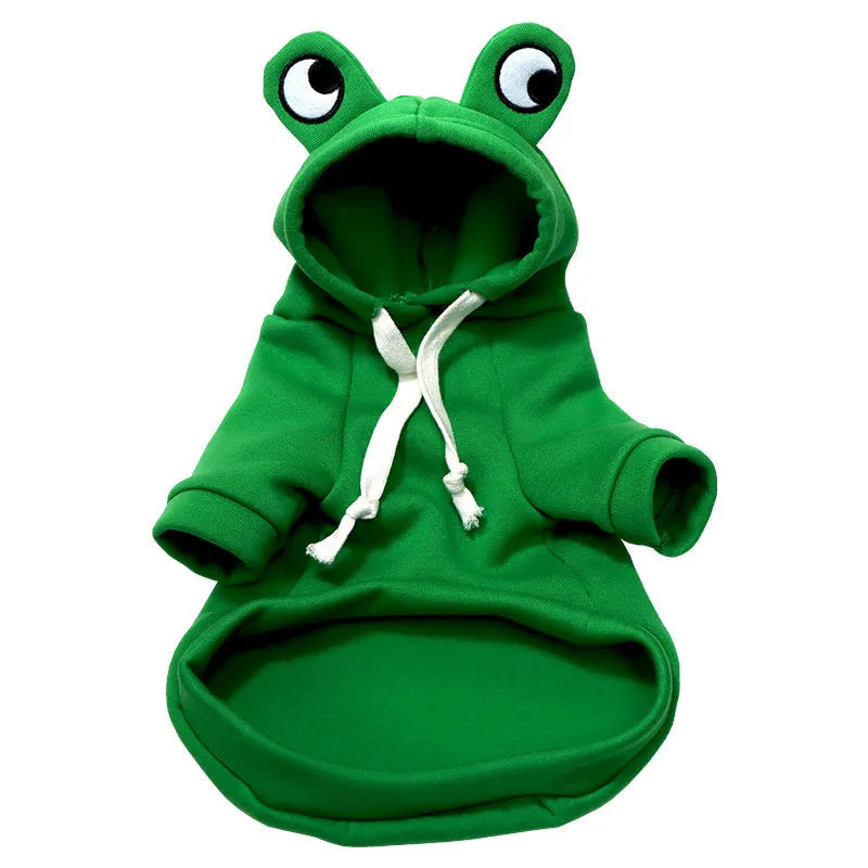 Green frog costume hoodie on small dog with size measurement diagram