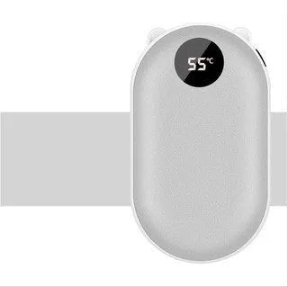 Rechargeable mini hand warmer and power bank device showing compact design with USB port and digital display