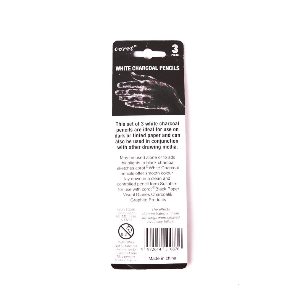 Set of three white charcoal drawing pencils with wooden barrels for sketching on dark paper.
