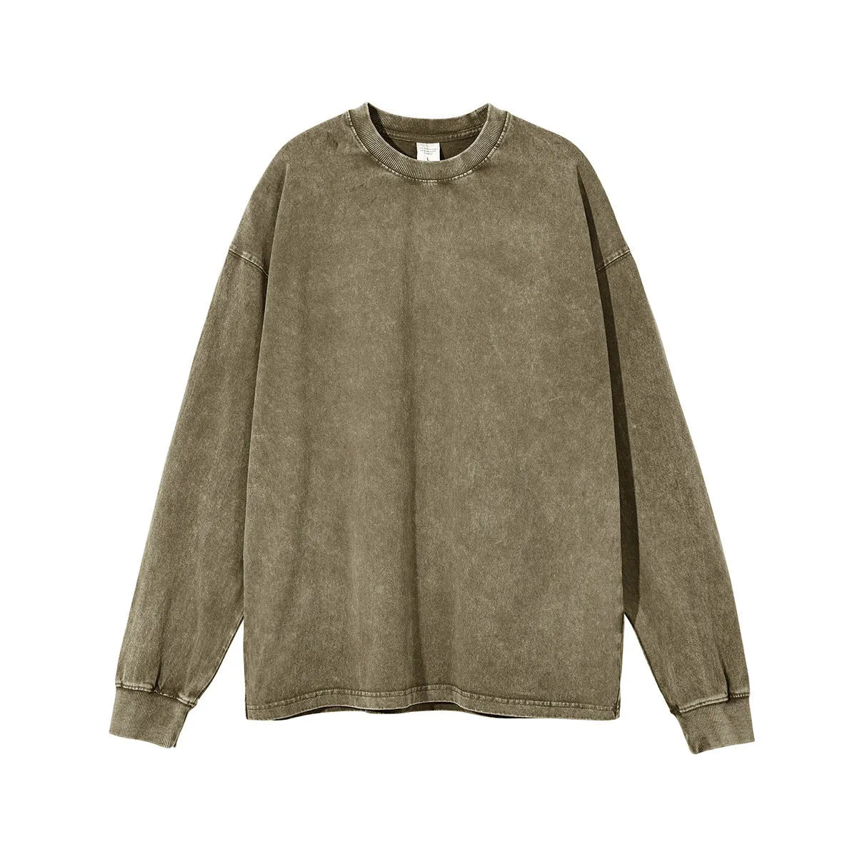 Man wearing a washed vintage style loose long sleeve cotton pullover shirt in a batik colour.