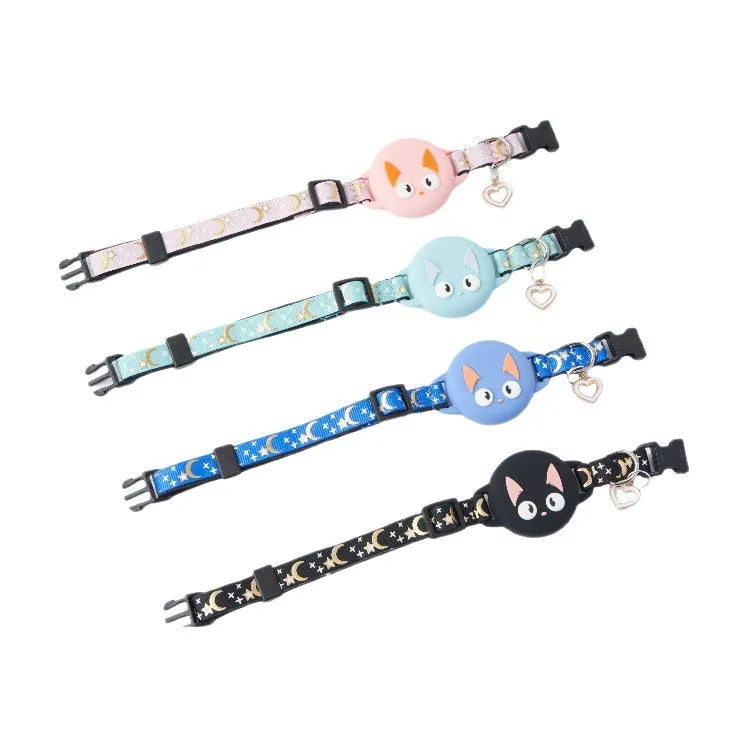 Plastic Airtag protective case for a cat collar in blue, shown next to a collar.