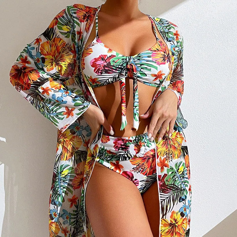 Women's long blouse split bikini plus size swimsuit in loose leisure fit with ruffle sleeves