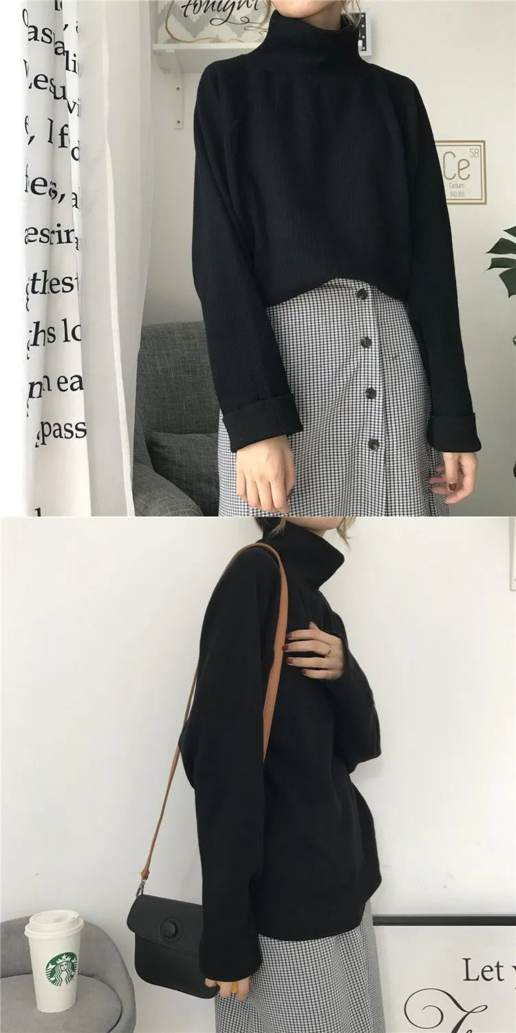 Women's loose fit long sleeve top with half-high collar in solid colours: white, apricot, black