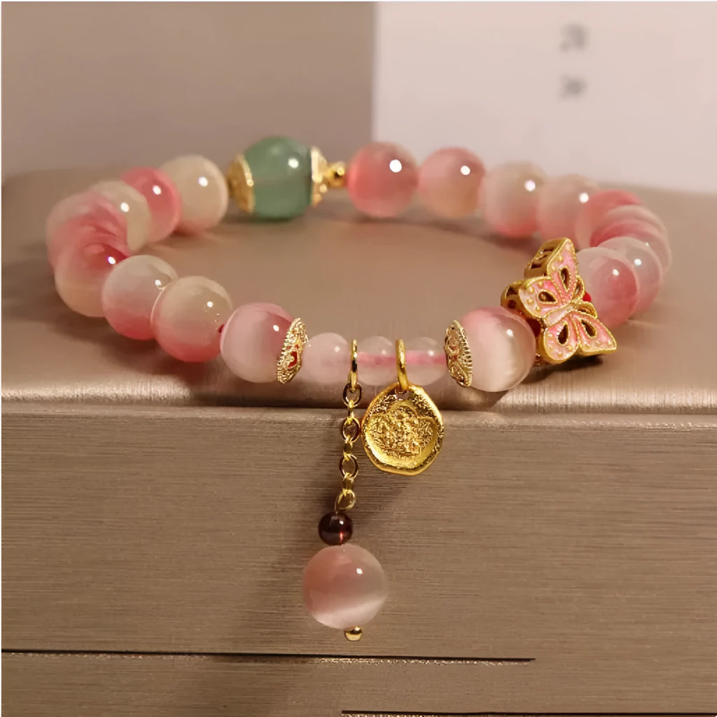 Pink opal butterfly women's bracelet with Chinese design elements
