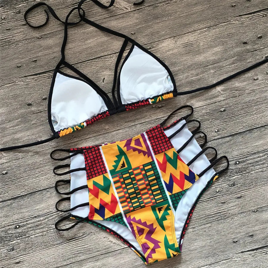 Women's digital print high-waist bikini swimsuit with quick-drying polyester fabric