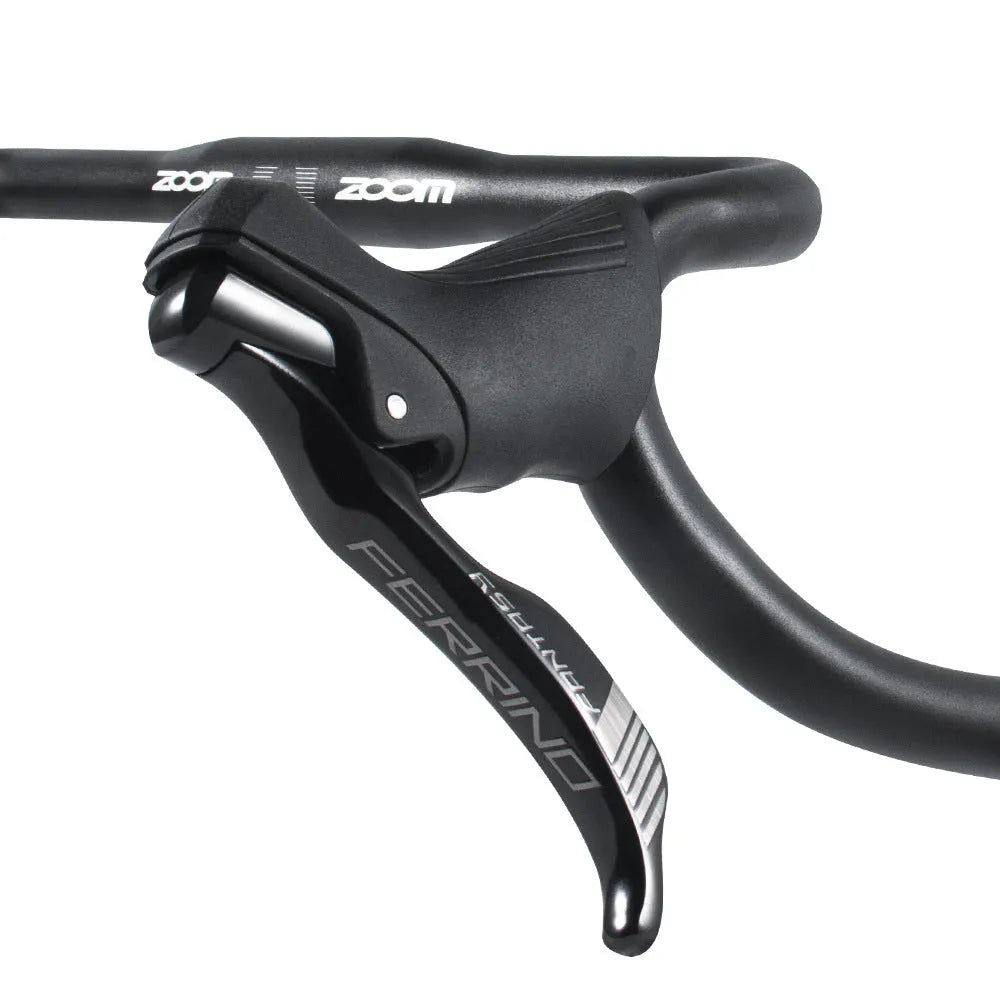 Black aluminium alloy road bike bent handlebar, 420mm wide with 31.8mm clamp.