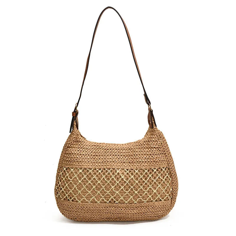 Women's khaki straw cross body bag with sandwich pockets in horizontal square shape