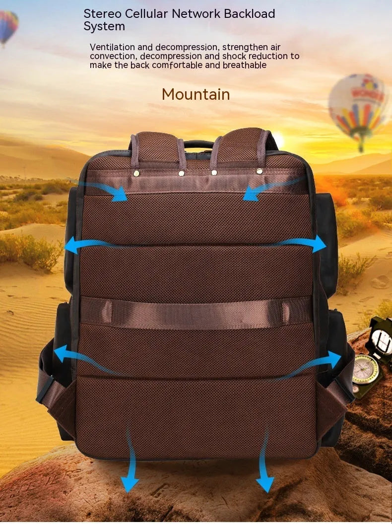 Dark brown Retro Crazy Horse leather backpack for a 17-inch laptop, showing embossed details and double straps.