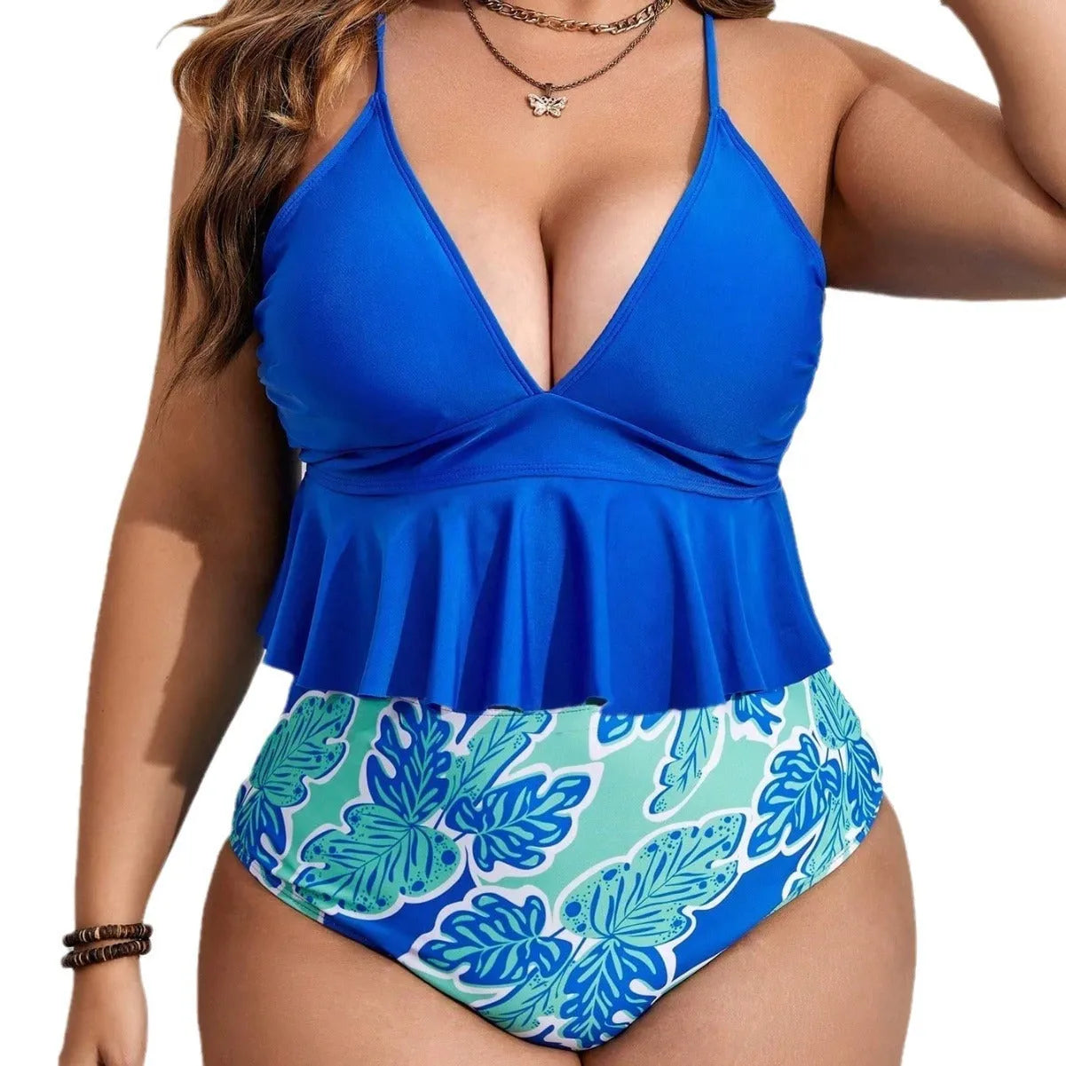 Blue polyester bikini suit with split briefs style in European and American sizing