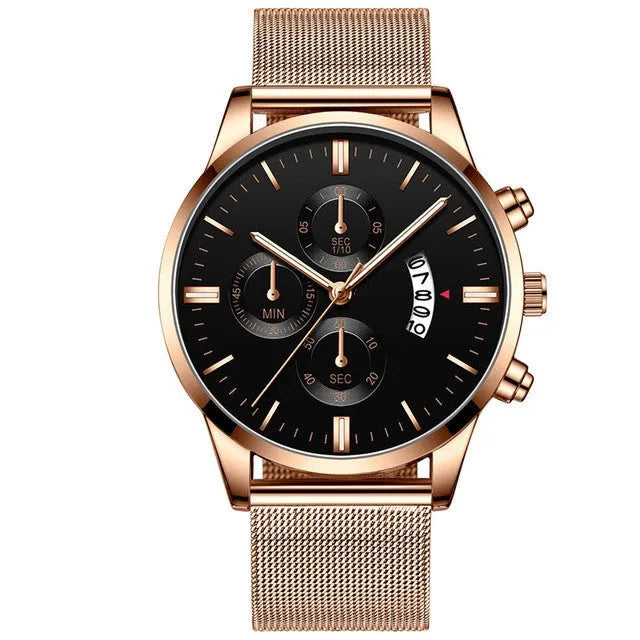 Men's stainless steel mesh band quartz watch showing analogue dial and choice of colour finishes.