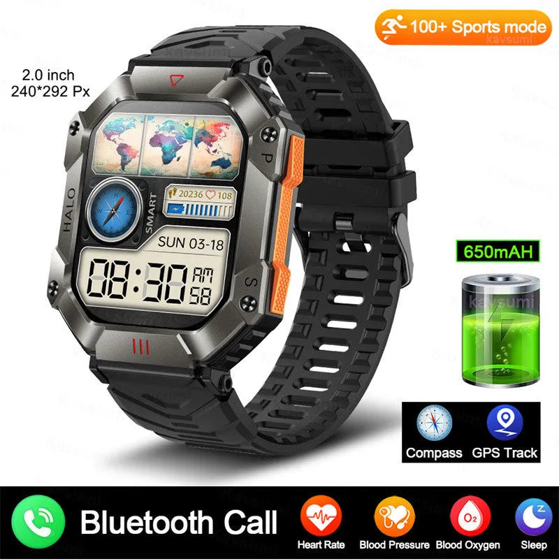 Android smart watch with GPS on wrist, showing titanium alloy case and black camouflage strap.