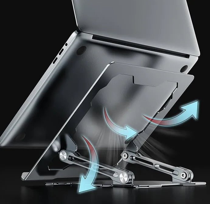 Grey adjustable aluminum laptop stand showing folding mechanism and hollow cooling design