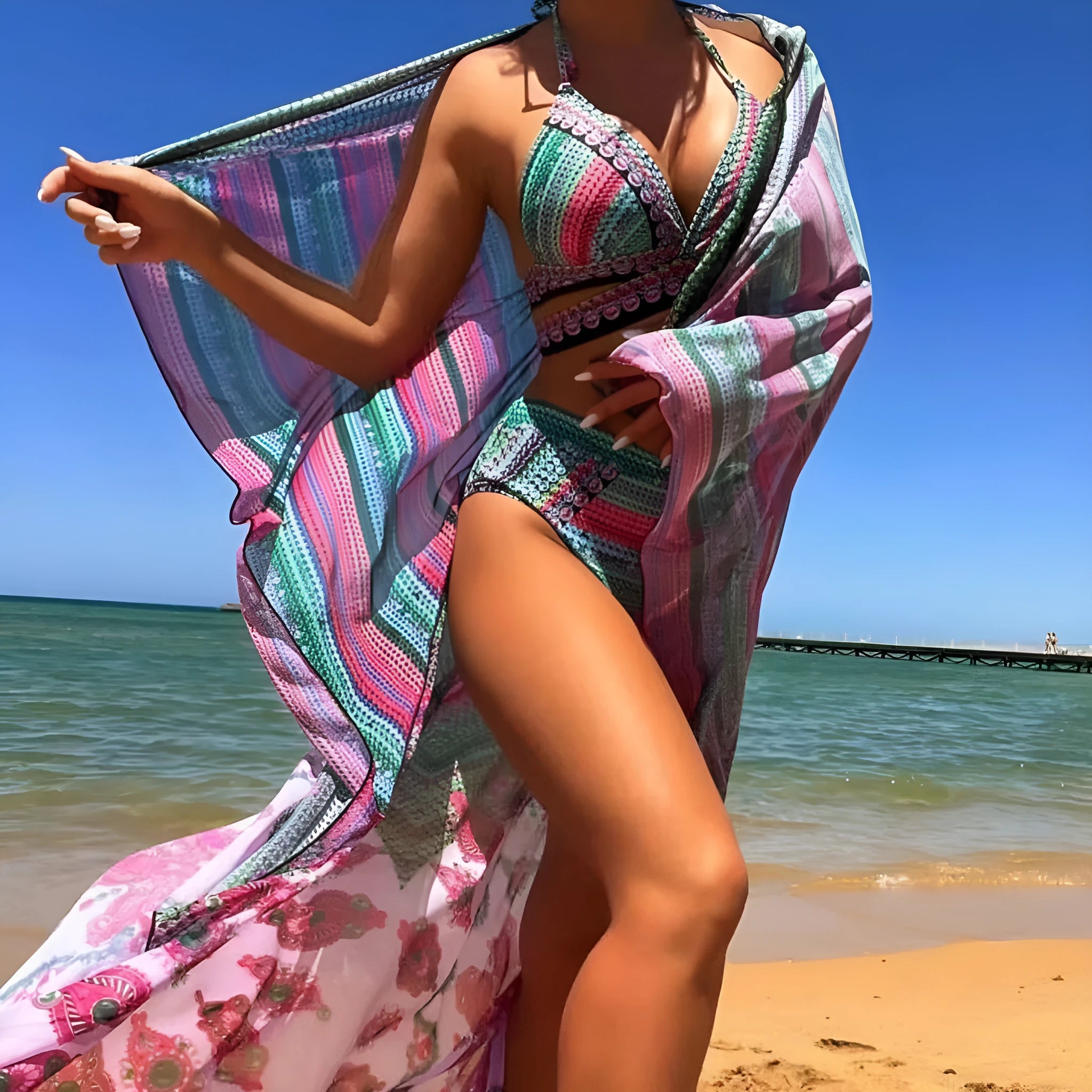 Women's high-waisted cross bandage bikini three-piece swimsuit set in blue colour